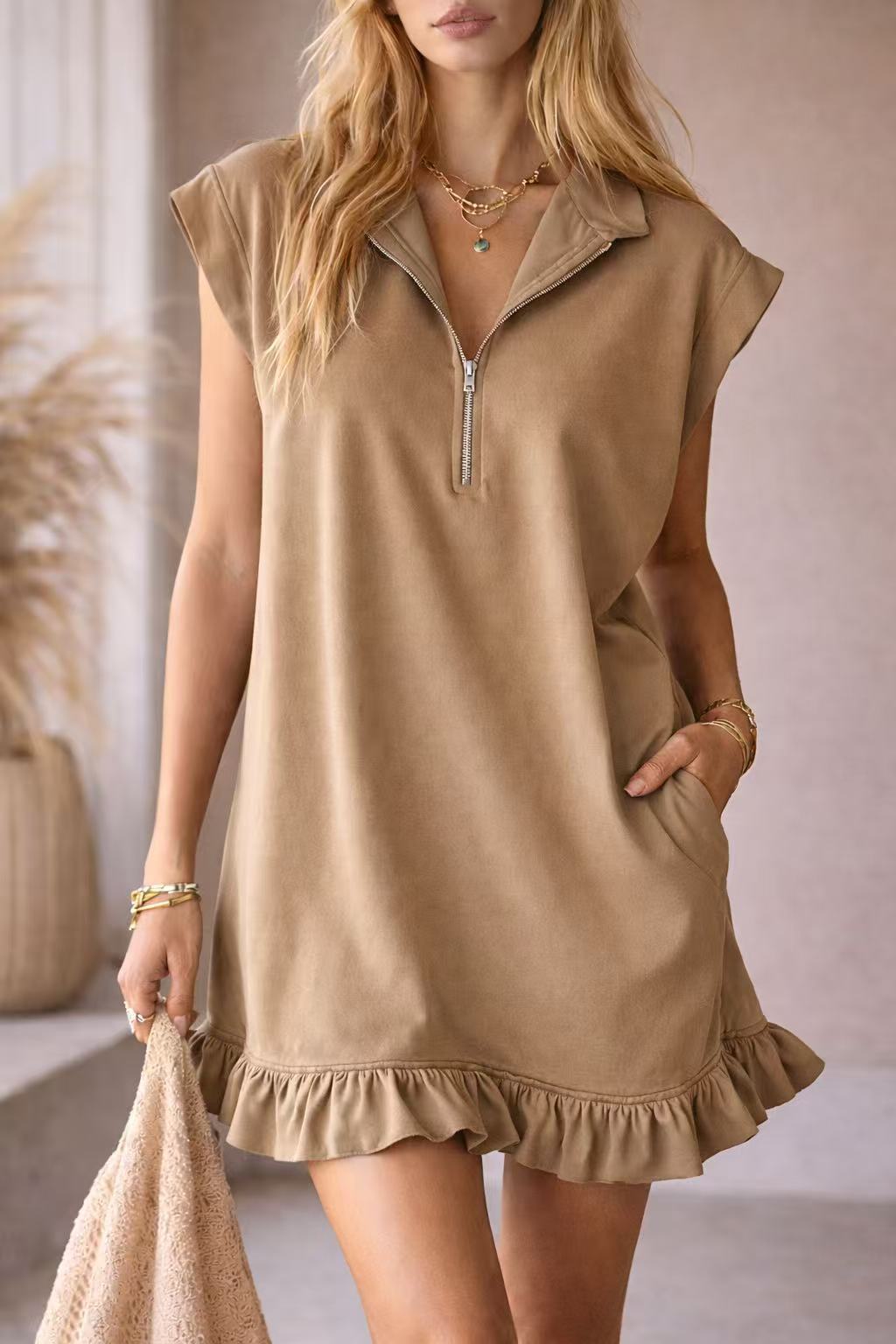 V-Neck Sleeveless Dress - Women's Casual Summer Dress With Two Front Pockets And Back Zipper Closure For Daily Wear