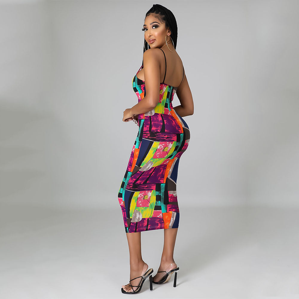 Fashion Digital Print Suspender Dress