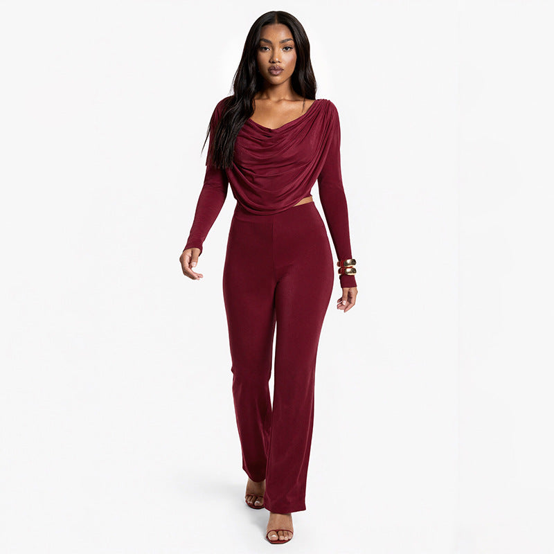 Solid-color Casual Boat-neck Long-sleeve Top And Slim-fit Pants Set