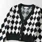 V-neck Black And White Diamond Single-breasted Long-sleeved Knitted Cardigan