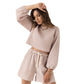 Ensemble haut court à lacets et manches longues pour femme, col rond, tendance