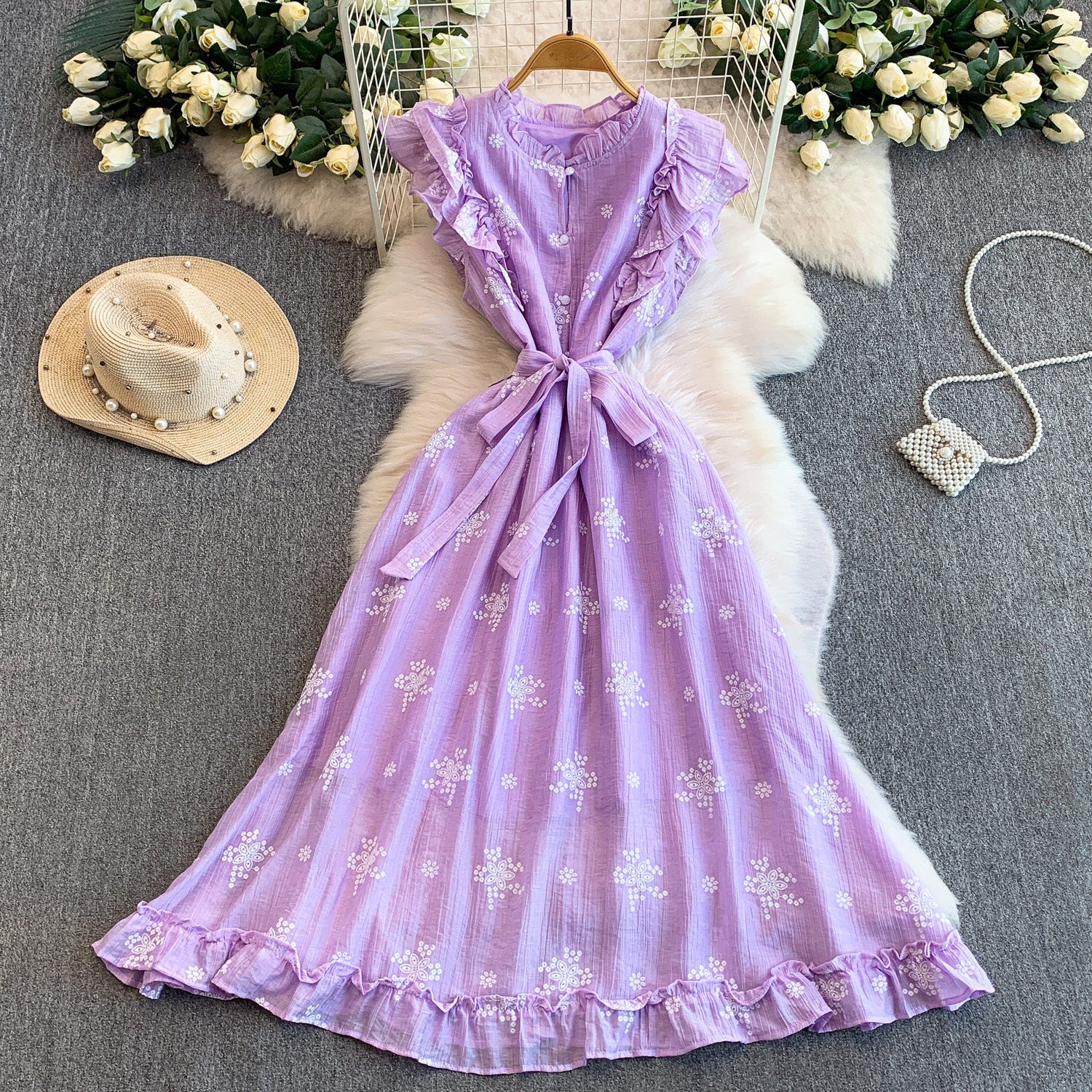 Sweet Ruffled Embroidered Round-Neck Dress Womens SpringAutumn Belted Waist Princess Long Gown