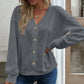 Women's Solid Color Buttons V-neck Loose Long-sleeved T-shirt