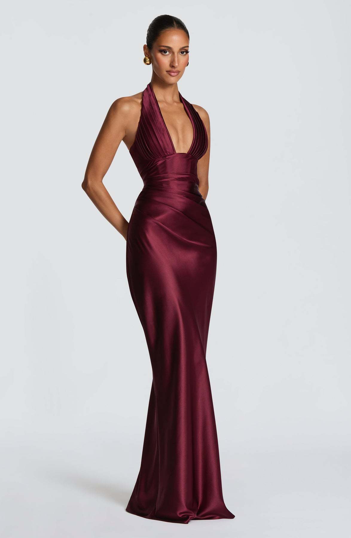 Neck-hanging Deep V-neck Pleated Lace-up Sexy Off-shoulder Slim-fit Long Dress