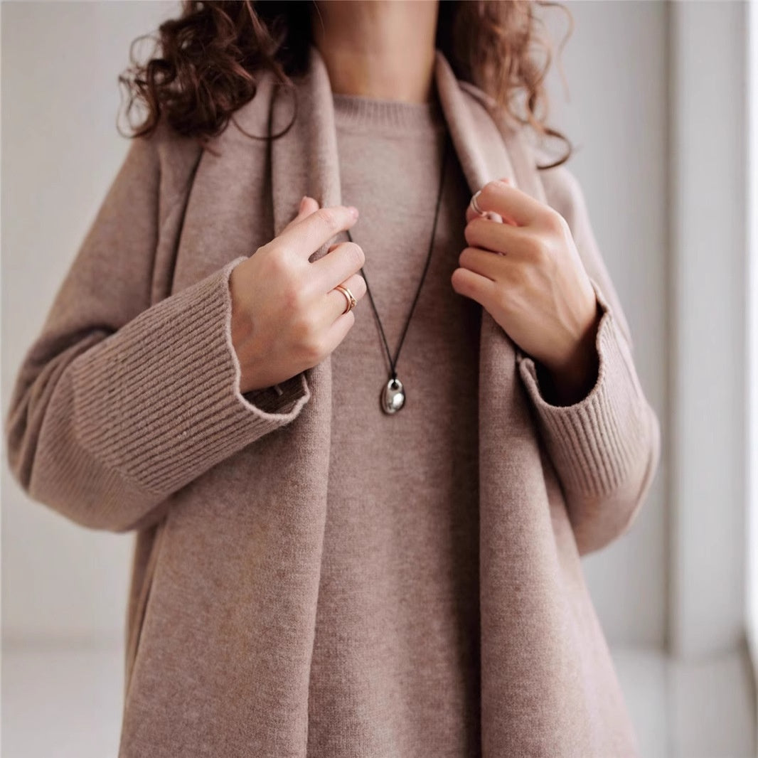 Women's Knitted Sweater And Wide Leg Pants Suit With Same Color Scarf