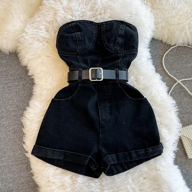 Combinaison en jean à petit haut tube pour femme, style rétro d'été