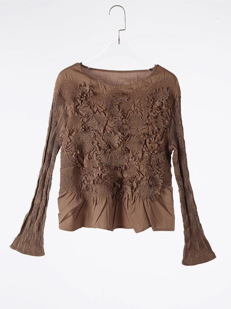 Solid Color Embroidered Long-sleeved Top Handmade Pleated Two-piece Overskirt Suit
