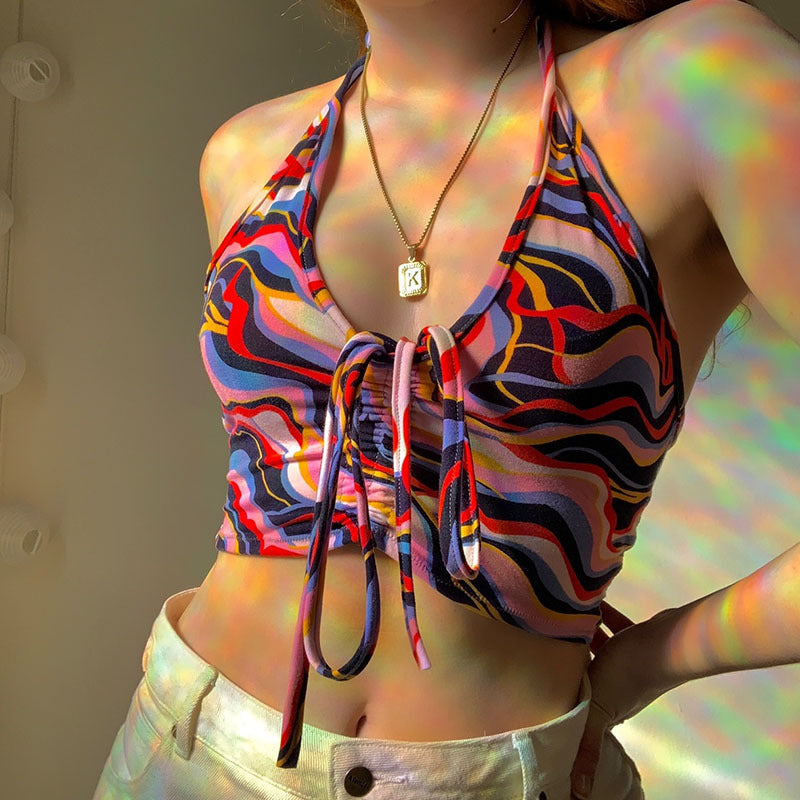 Halter Vest Women's Irregular Corrugated Printing Chest Pleated Bottoming Top Wrapped Chest
