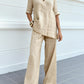 Casual Cotton-Linen Solid-Color Mid-Sleeve V-Neck Top And Straight-Cut Casual Pants Set