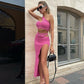 Summer Fashion Temperament Slim Fit Spicy Girl Outfit Solid Color Slit Thread Skirt Set