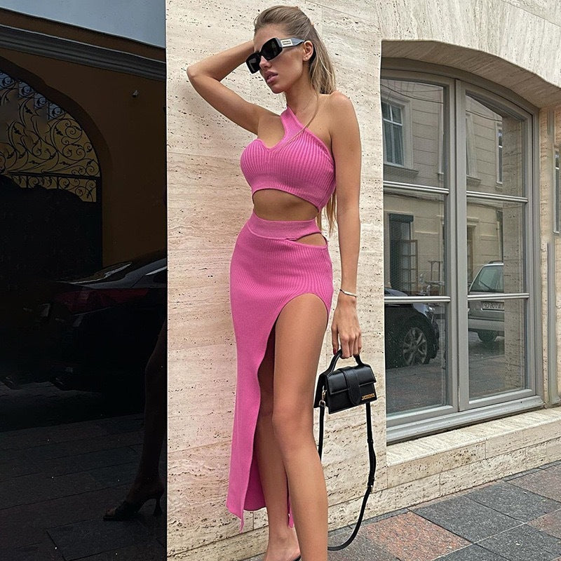 Summer Fashion Temperament Slim Fit Spicy Girl Outfit Solid Color Slit Thread Skirt Set