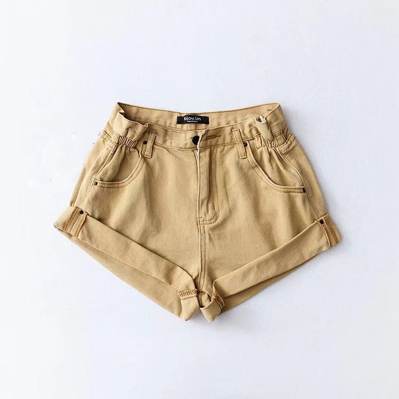 Fashion Five-color Elastic Waist Rolled Edge Denim Shorts Women