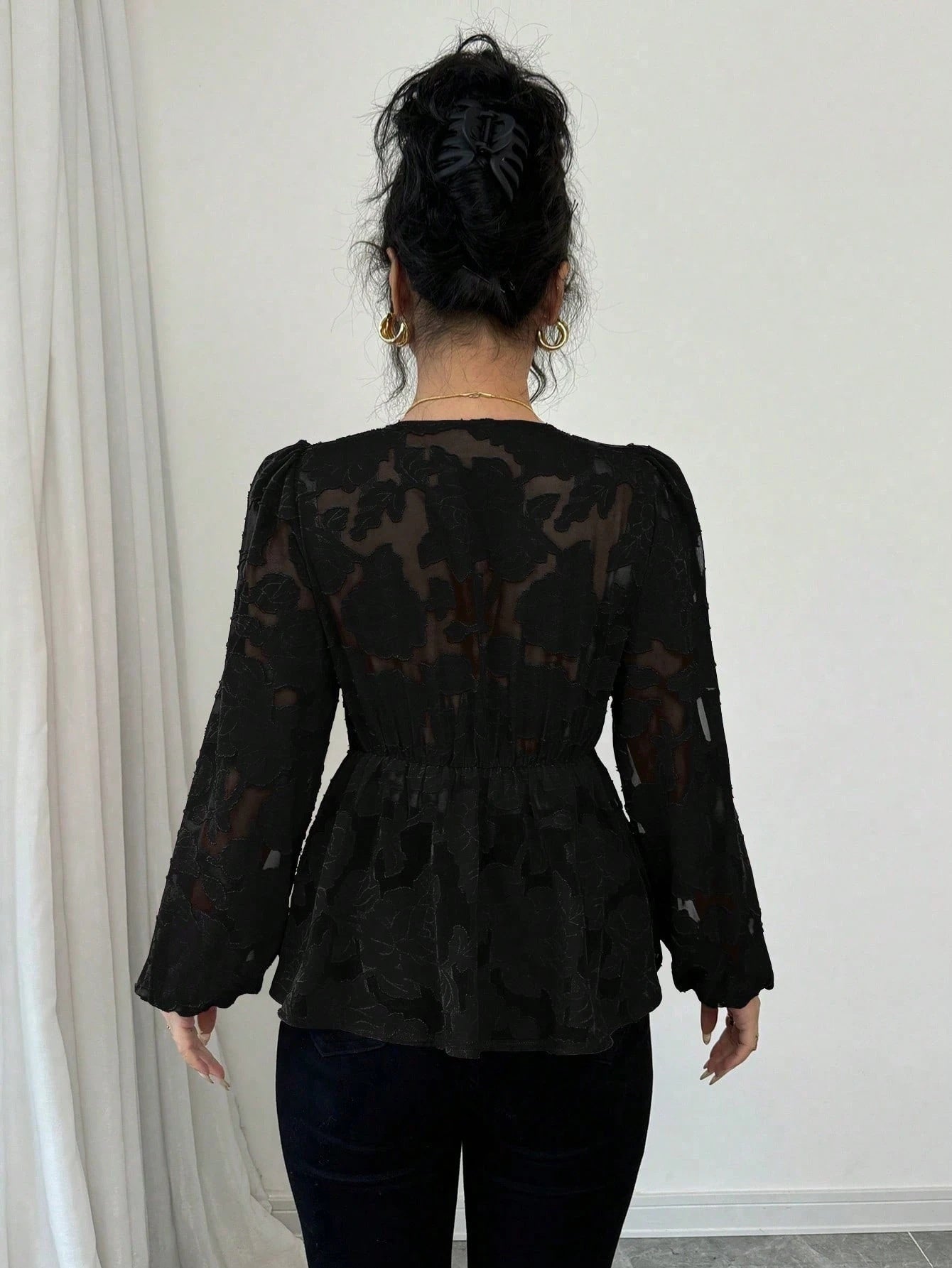 Fashionable Semi-transparent Long-sleeved V-neck Women's Shirt