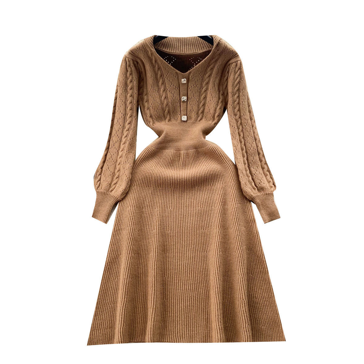 Casual Fashion Retro Long-sleeved Knitted Dress Waist Slimming Elegant Inner Match Long Dress