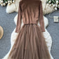Cherry Vest Long-Sleeve Knitted Patchwork Mesh Dress