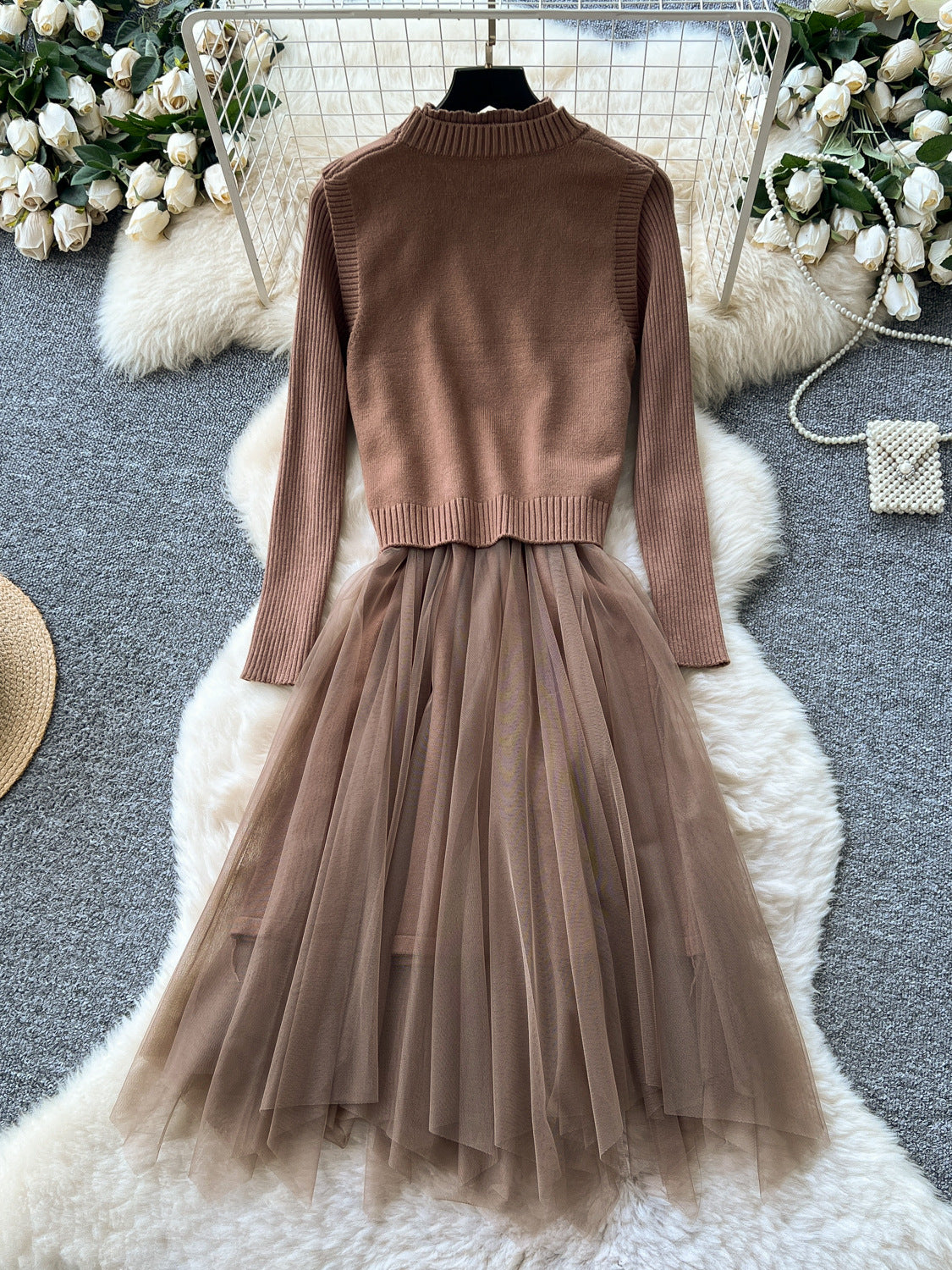 Cherry Vest Long-Sleeve Knitted Patchwork Mesh Dress
