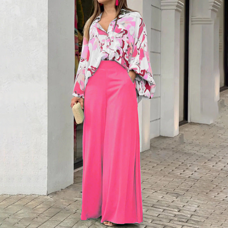 Women's Printed Shirt Wide Leg Pants Fashion Casual Set