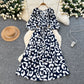 Five-quarter-sleeve Fitted-waist Single-breasted Printed Dress