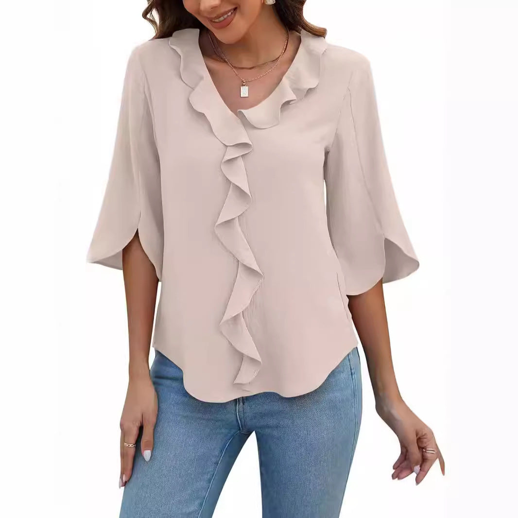 Lady Literature Leisure Commute All-matching Loose All-matching V-neck Flounce Shirt