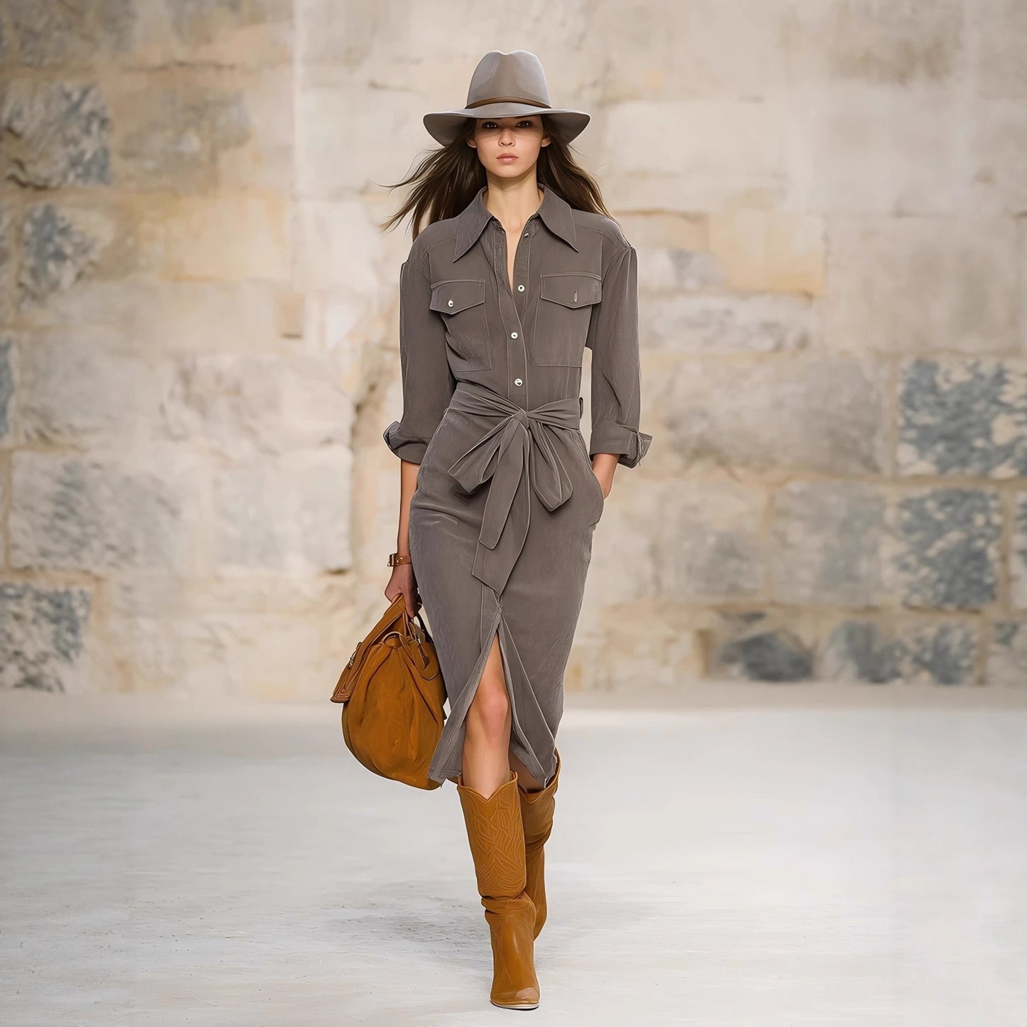 Womens Retro-Style Lapel-Neck Long-Sleeve Lace-Up Dress