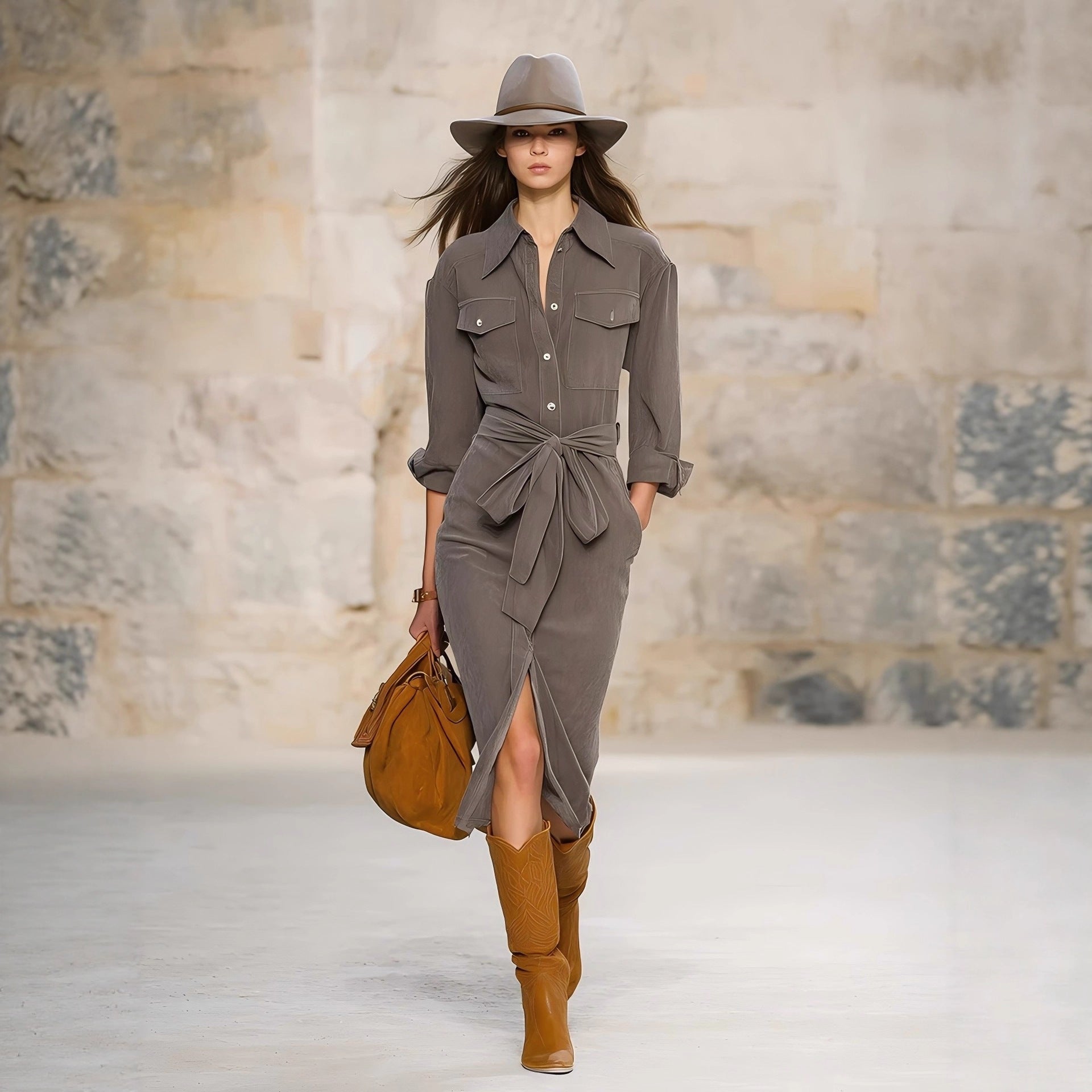 Womens Retro-Style Lapel-Neck Long-Sleeve Lace-Up Dress