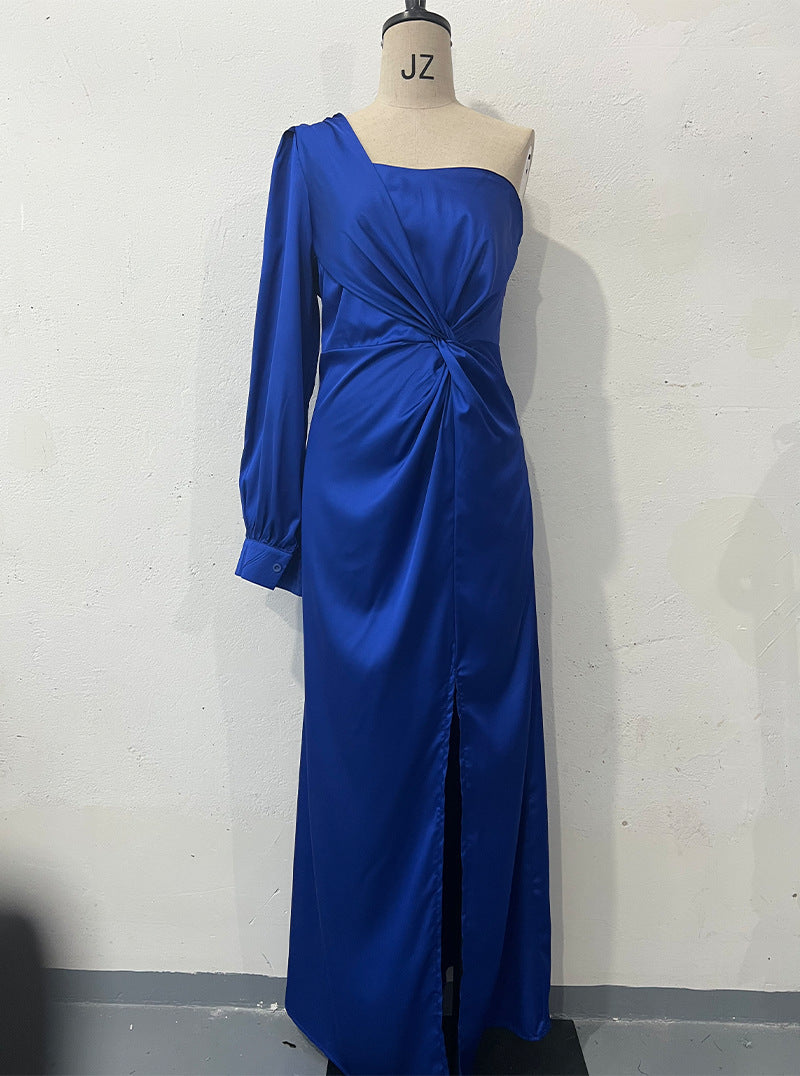 Diagonal Collar Raglan Sleeve Pleated Waist Tight Split Long Dress
