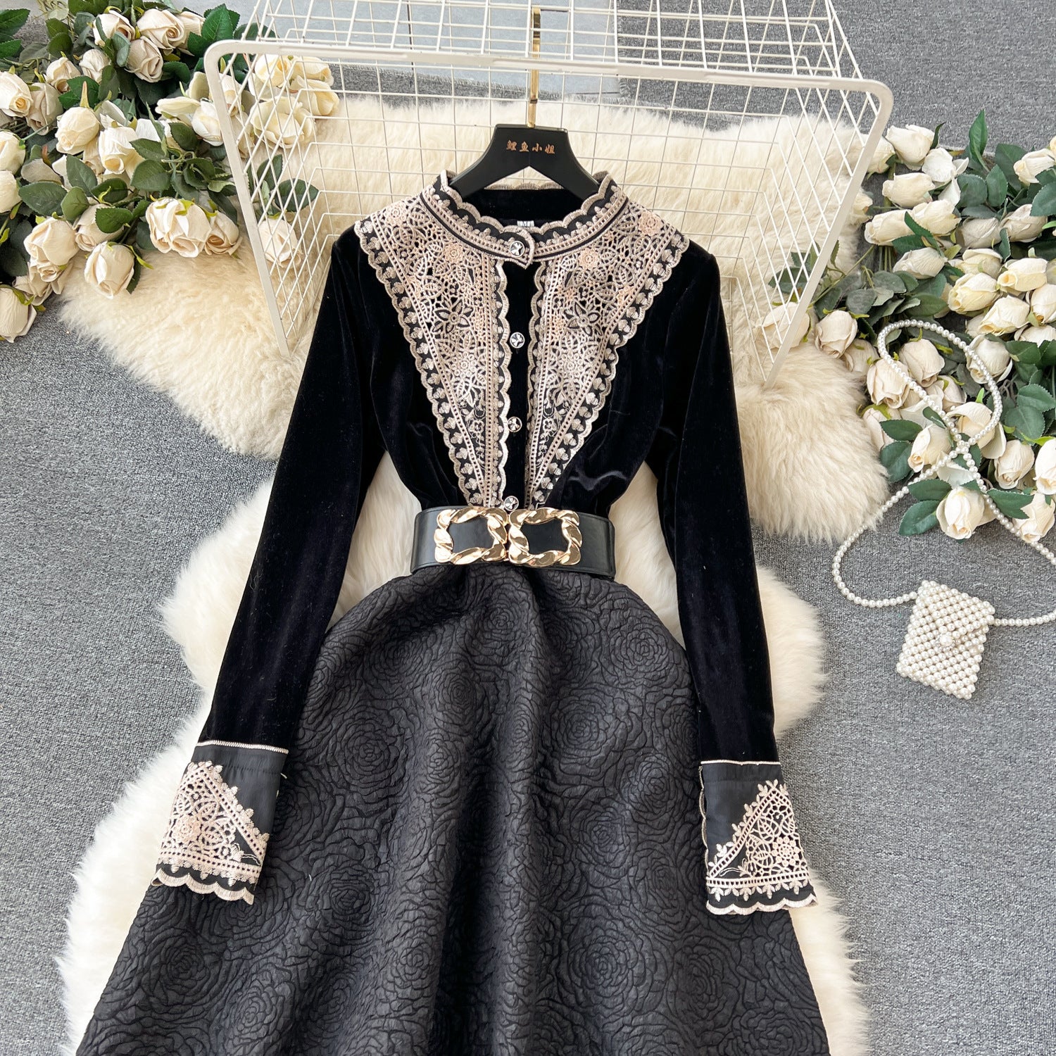 French Vintage Court Style Machine Embroidery Dress