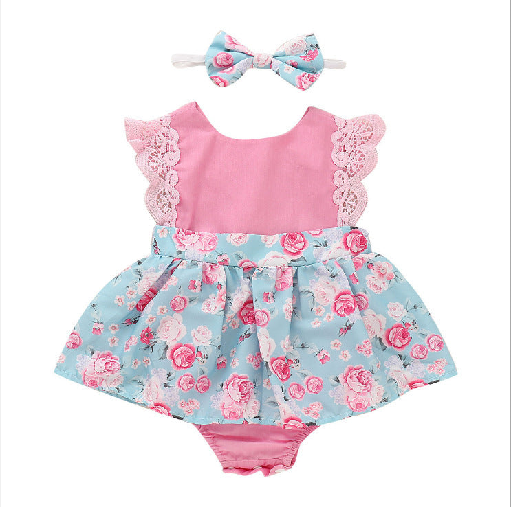 Children's Clothing Infant Lace Fly Sleeve Print Romper Dress