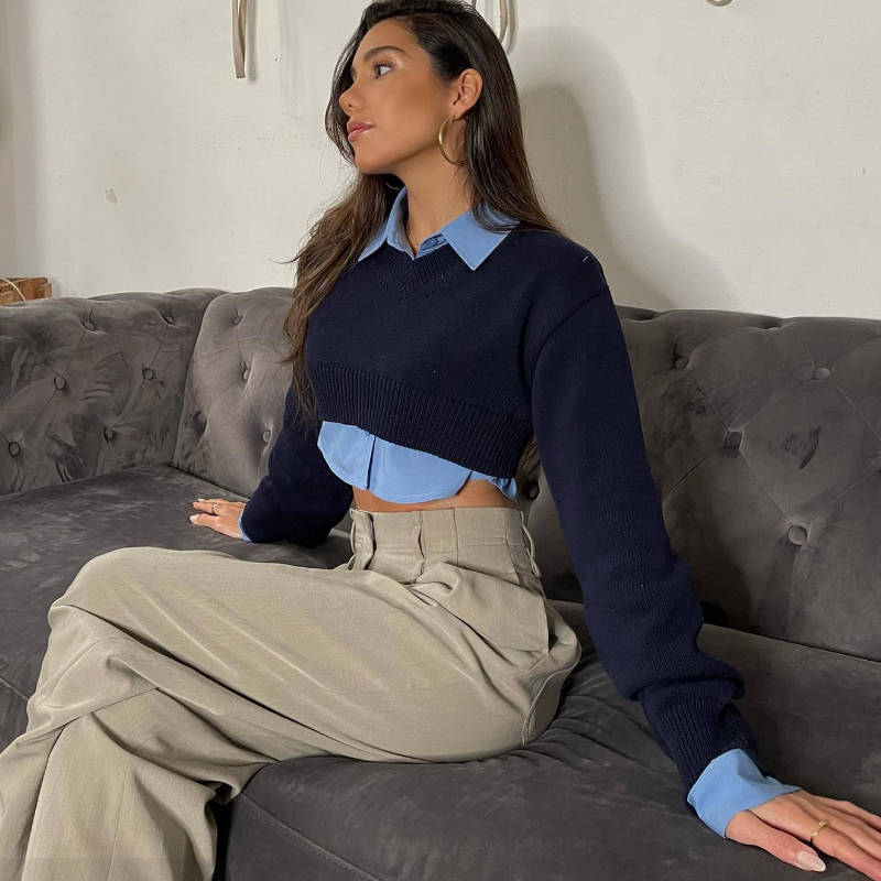 Women's V-neck Layered Long Sleeved Shirt