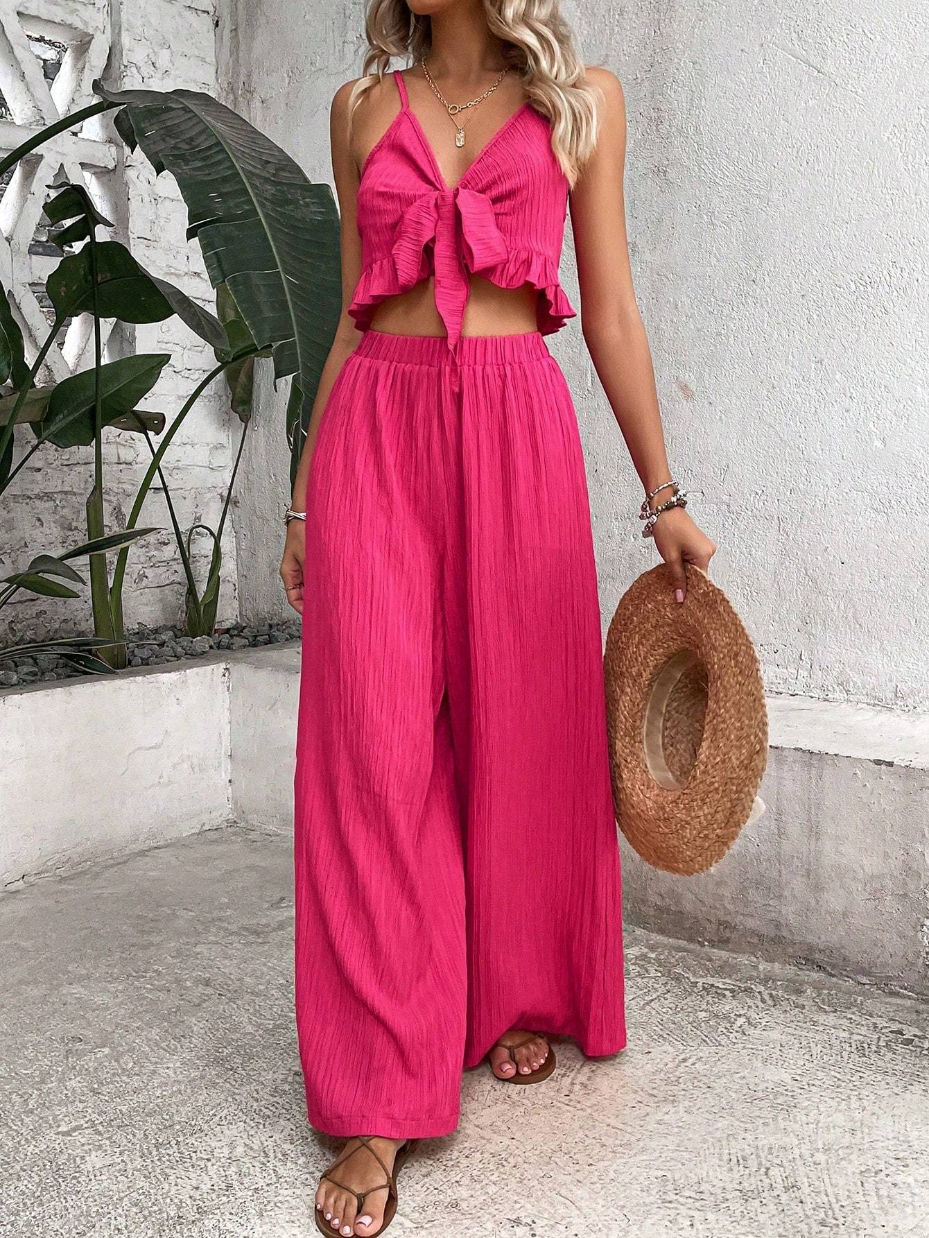 Pariaura Knot Front Cami Top Wide Leg Pants