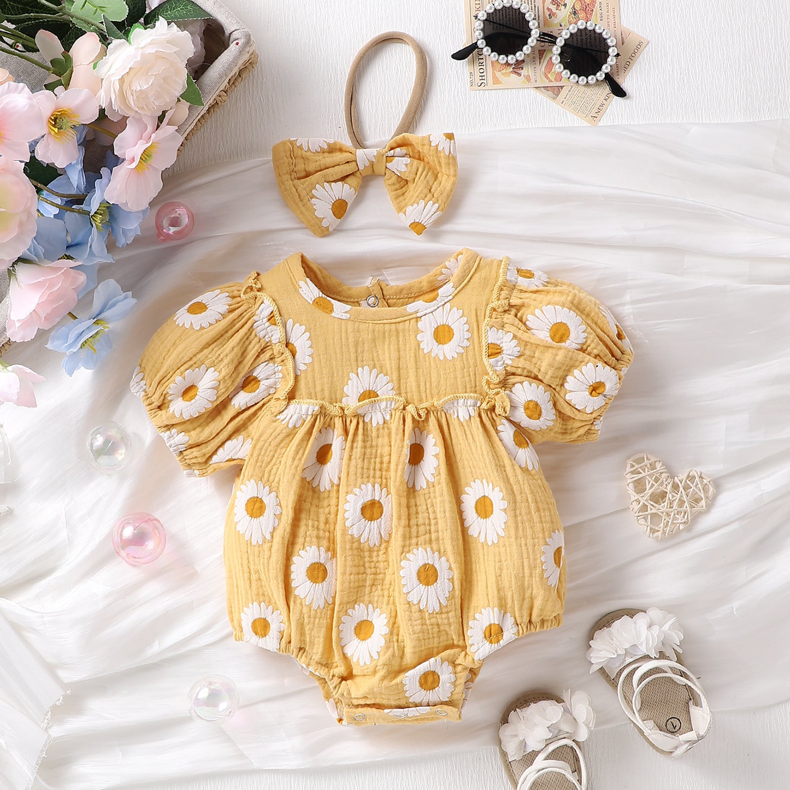 Summer Infant Baby Girl Sunshine Cheerful Small Sunflower A Three-color Rompers Jumpsuit Headdress