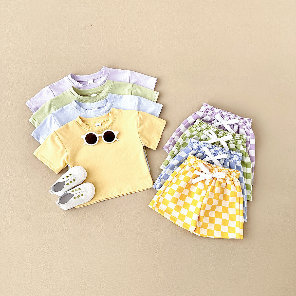 Ensemble deux pièces pantalon à carreaux et motif damier pour enfant