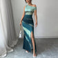 European And American Contrast Color Slim Fit Dress Slant Shoulder