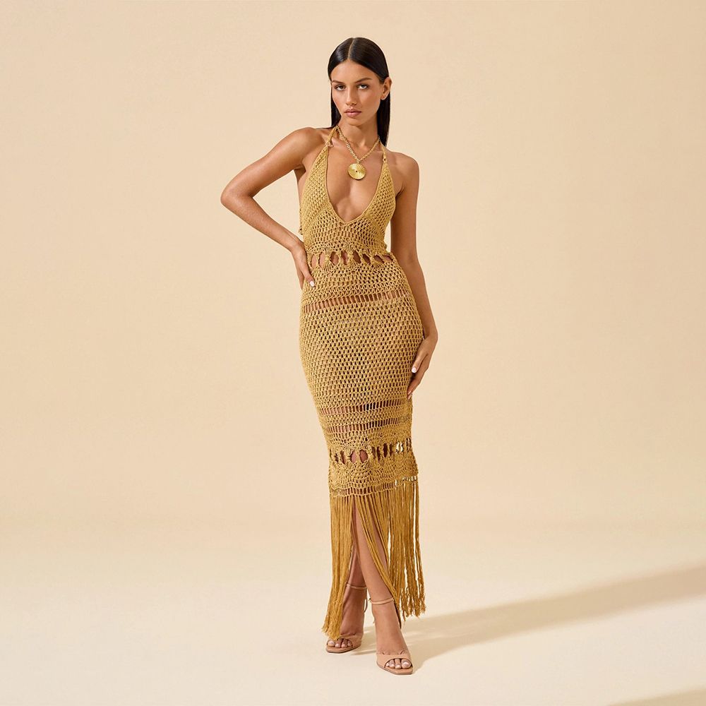Strap Knit Sexy Hollowed-Out Fringe Maxi Dress