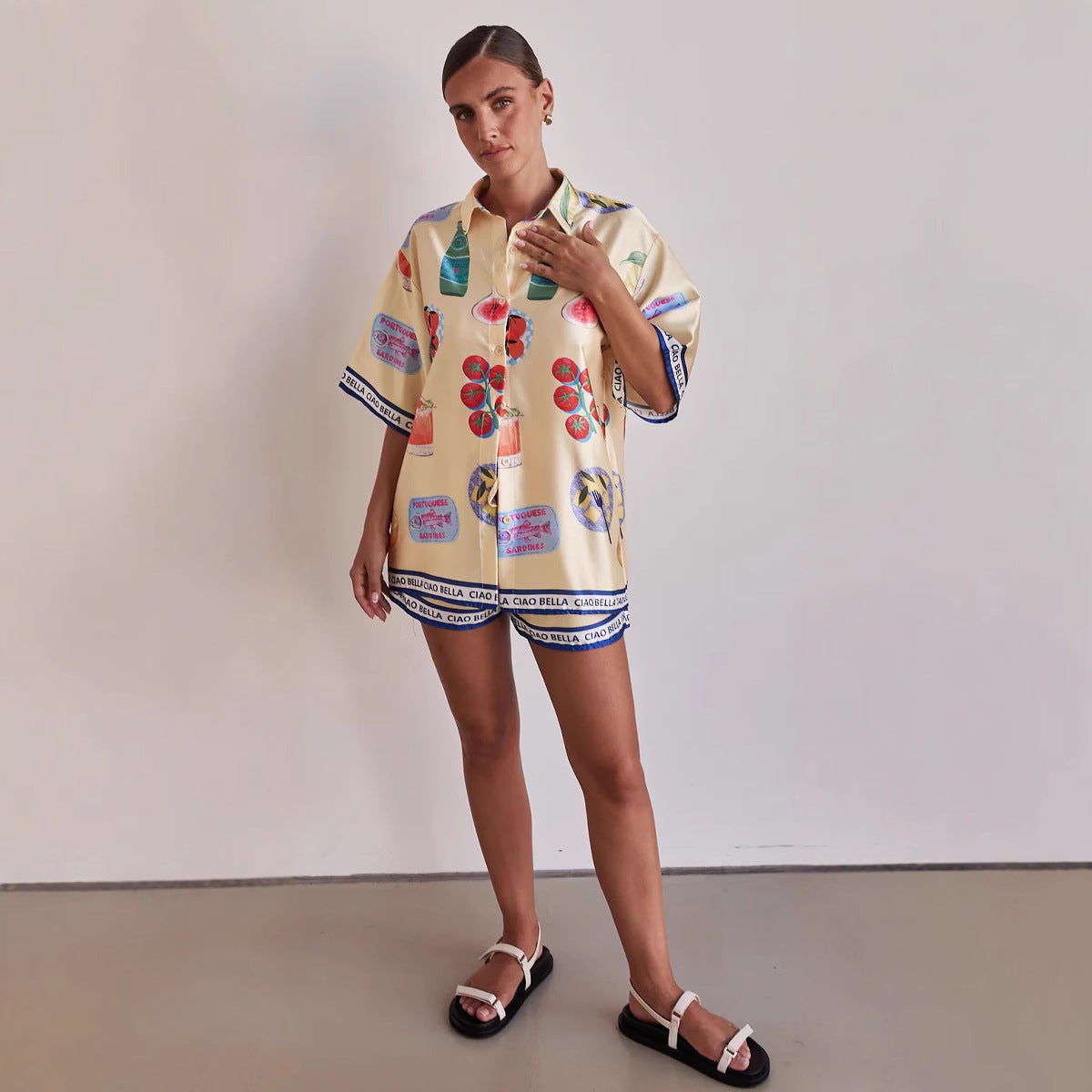 Casual Homewear Cartoon Lapel Cardigan Short Sleeve Shorts Suit