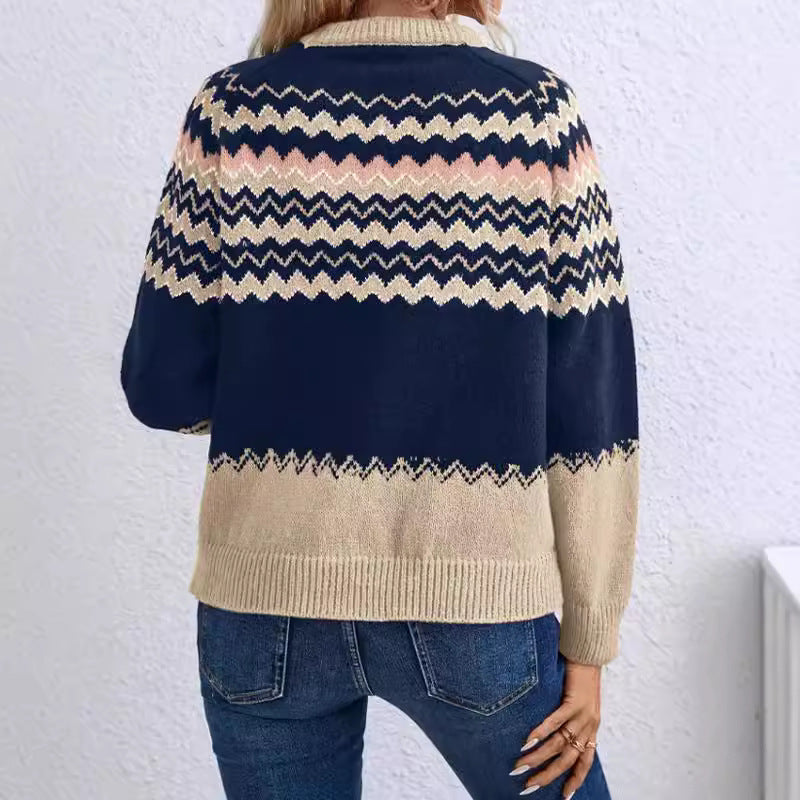 Pull à col rond pour femme, style européen et américain, tricot classique à rayures assorties