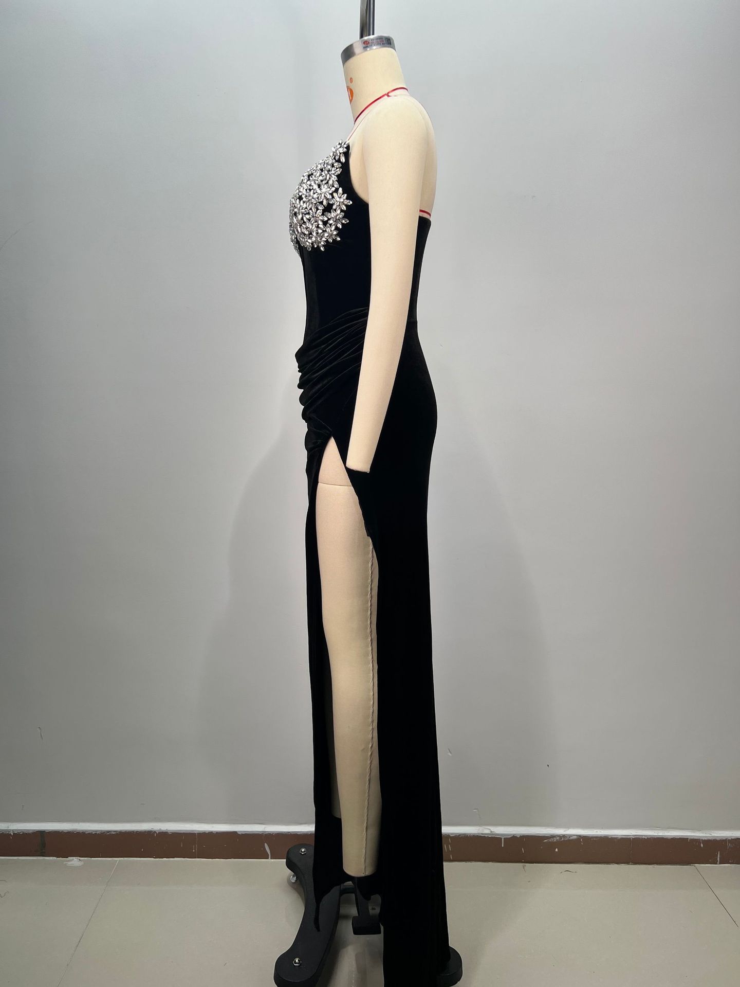 Women's Black Bandeau Slim-fit Drilling Long Dress