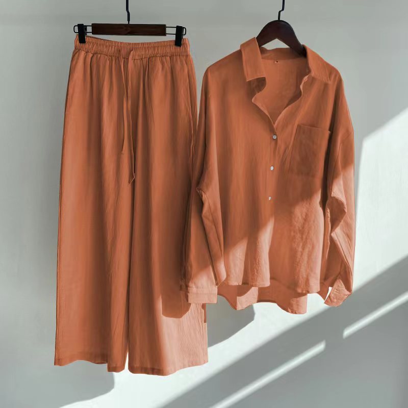 Ensemble 2 pièces rétro grande taille pour femme, chemise en coton et lin, pantalon ample taille haute