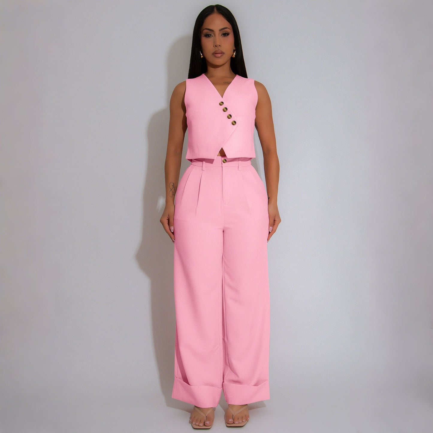Stylish Minimalist Sleeveless Wide Leg Womens Suit