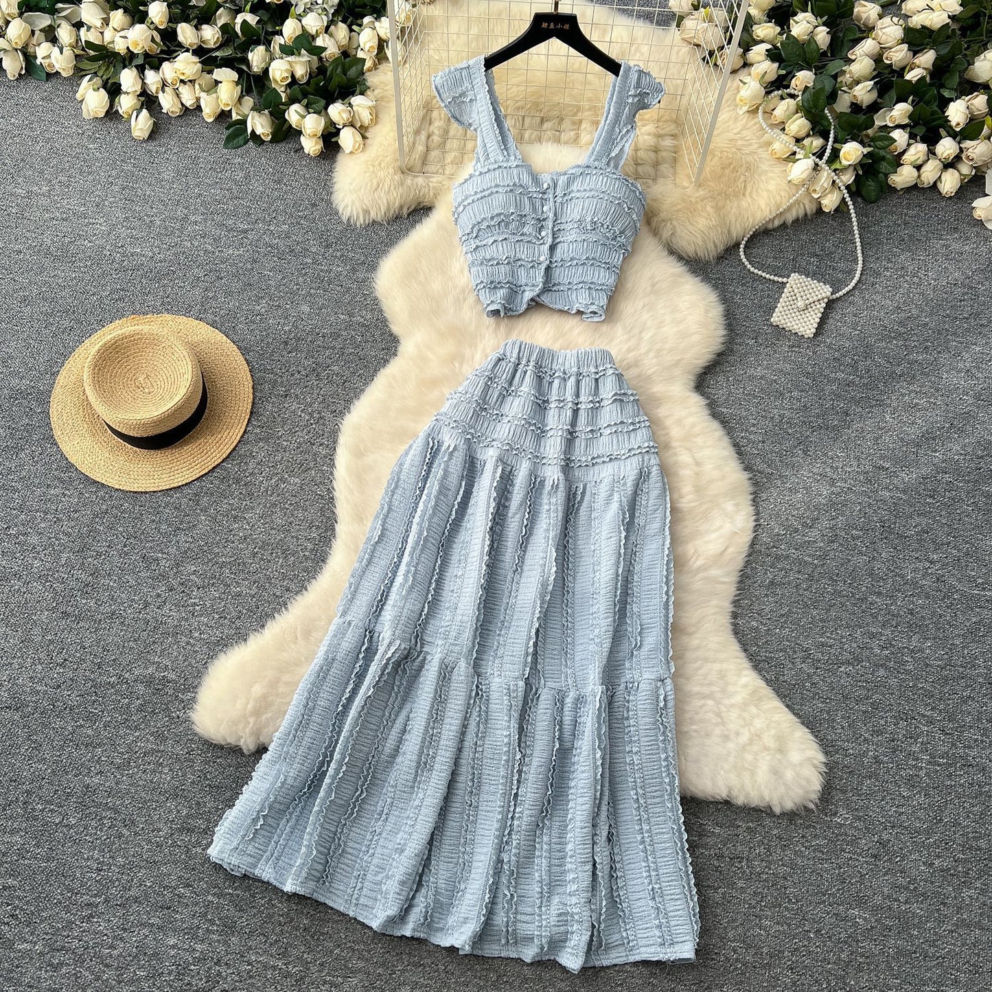 Suspender Top High Waist Crimp Skirt Two-piece Suit