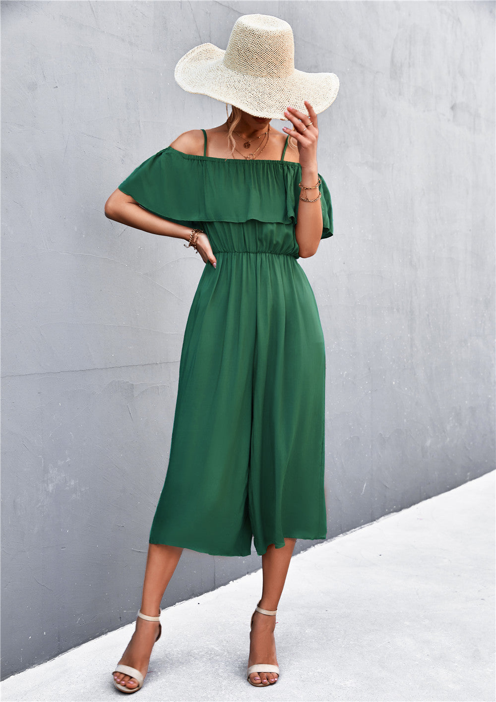 Solid Color One-Shoulder Loose Casual Sling Jumpsuit