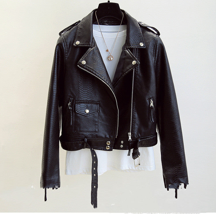 Slim Slimming Snake Print Biker Jacket Brown Jacket