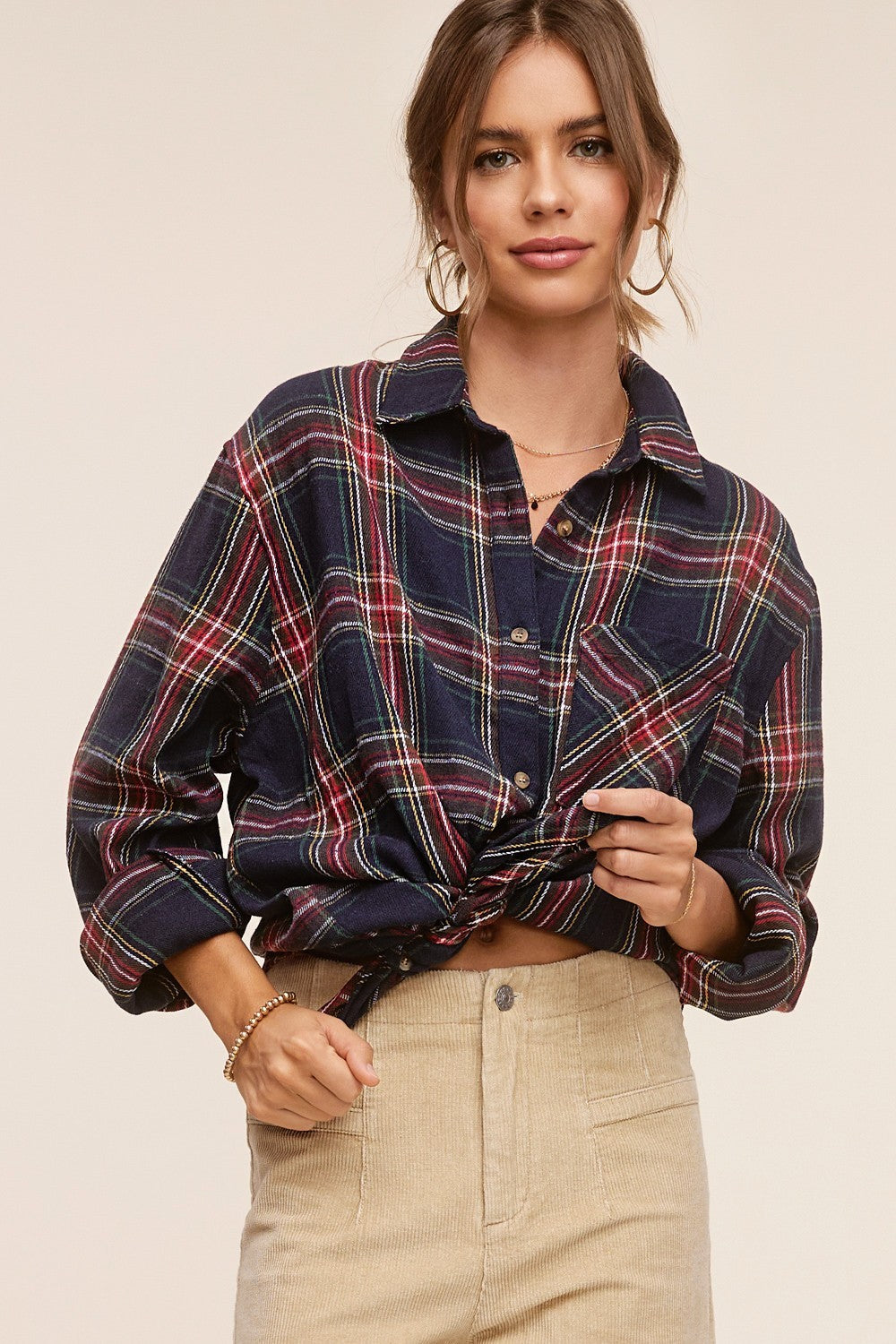 Women's Fashion Polo Collar Pocket Single-breasted Plaid Shirt