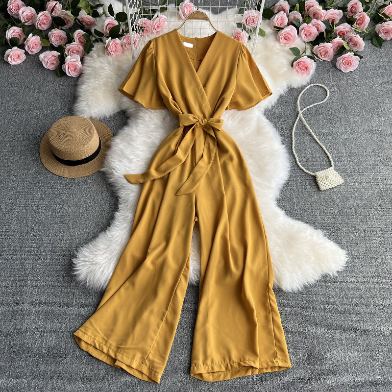 Combinaison à manches courtes et col en V, style rétro et tendance