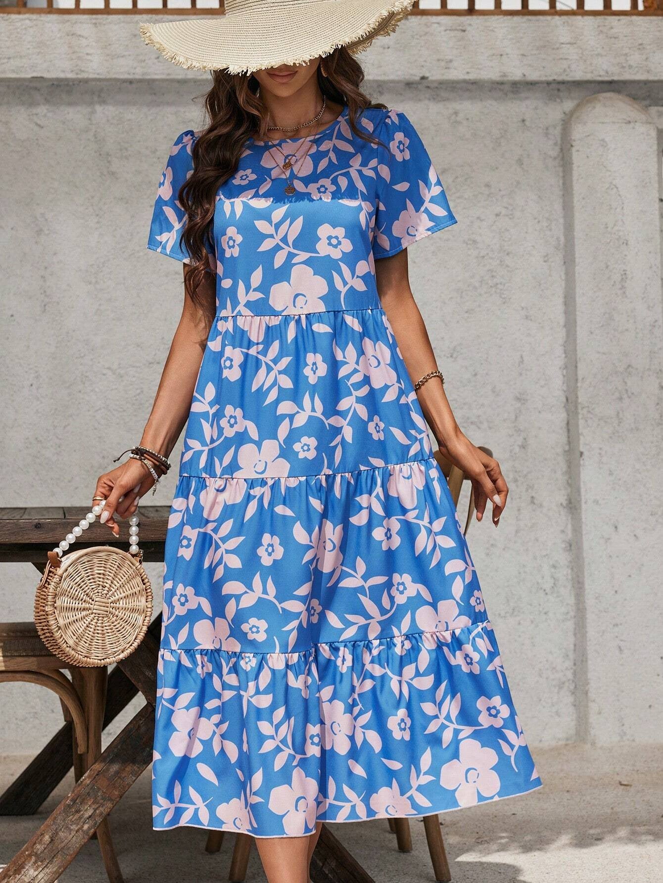 Robe élégante à volants multicouches et à grandes fleurs pour femme