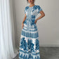 Womens Printed Elegant Simple Lace-up Round-neck Dress