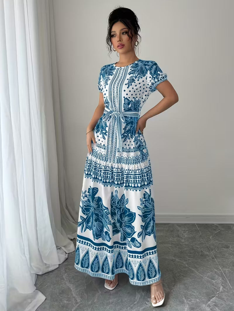 Womens Printed Elegant Simple Lace-up Round-neck Dress