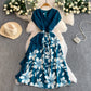 Womens Floral Print V Neck Dress With Ruffled Hem