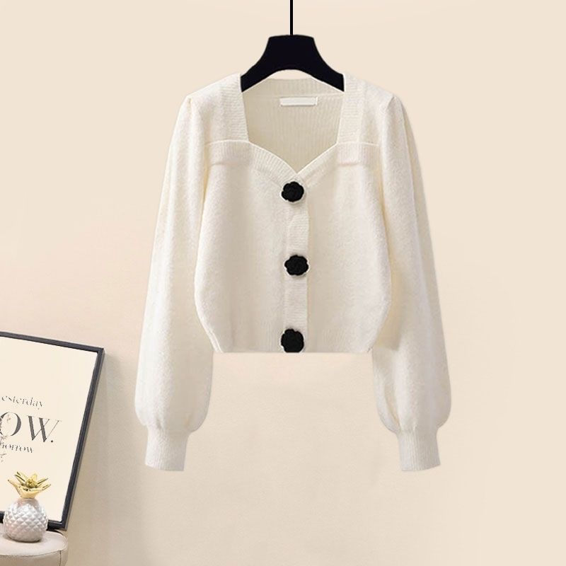 Gentle Puff Sleeve Knit Sweater High Waist Wide Leg Casual Pants Set