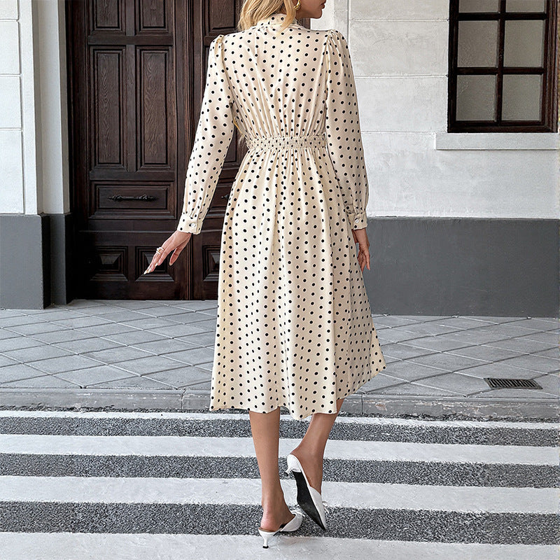 New Elegant Retro Style Bow Collar Long Sleeve Waist Dress